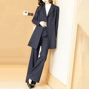 Navy Blue Wool Blend Long Blazer & Flare Pants Set