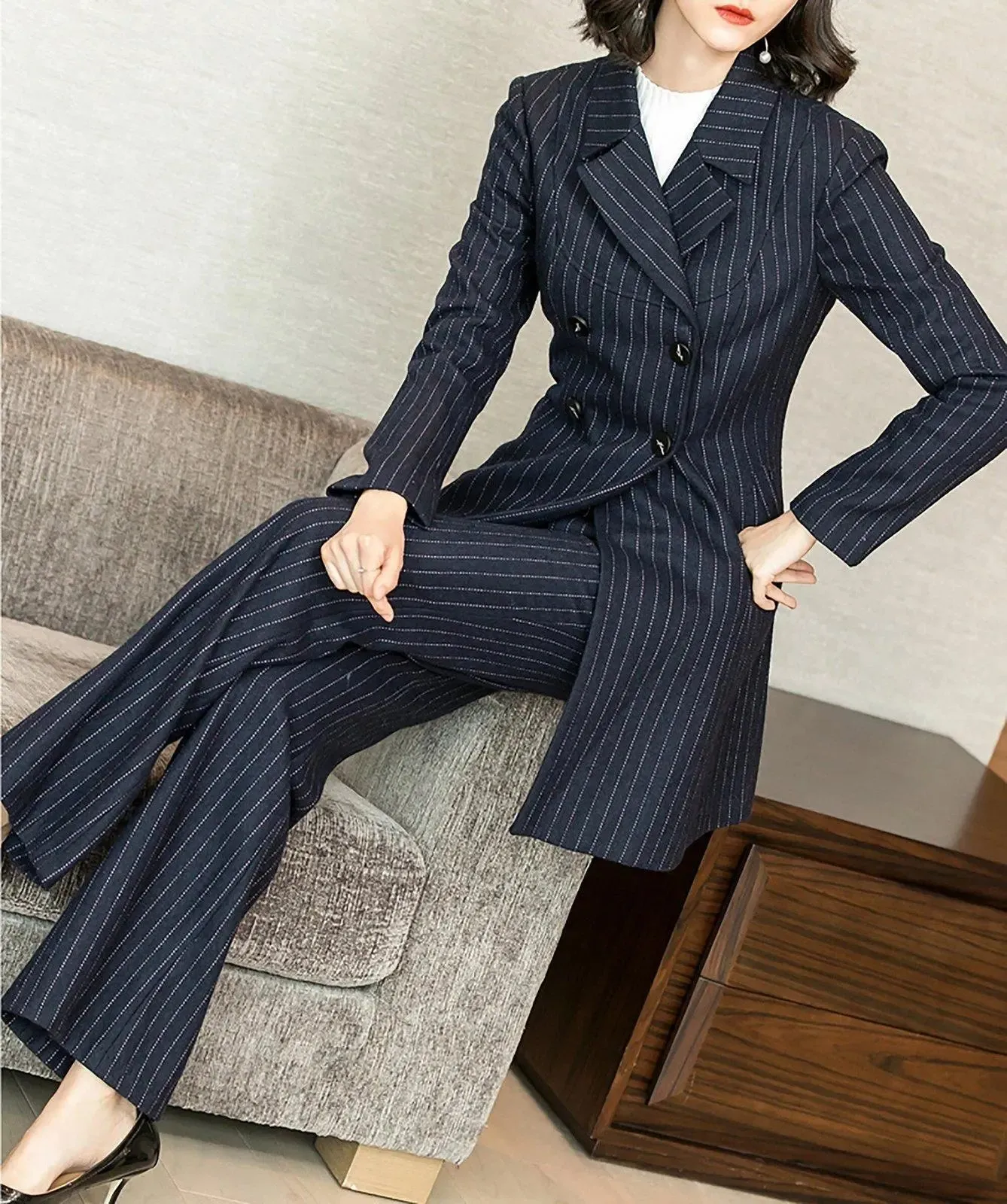 Navy Blue Wool Blend Long Blazer & Flare Pants Set