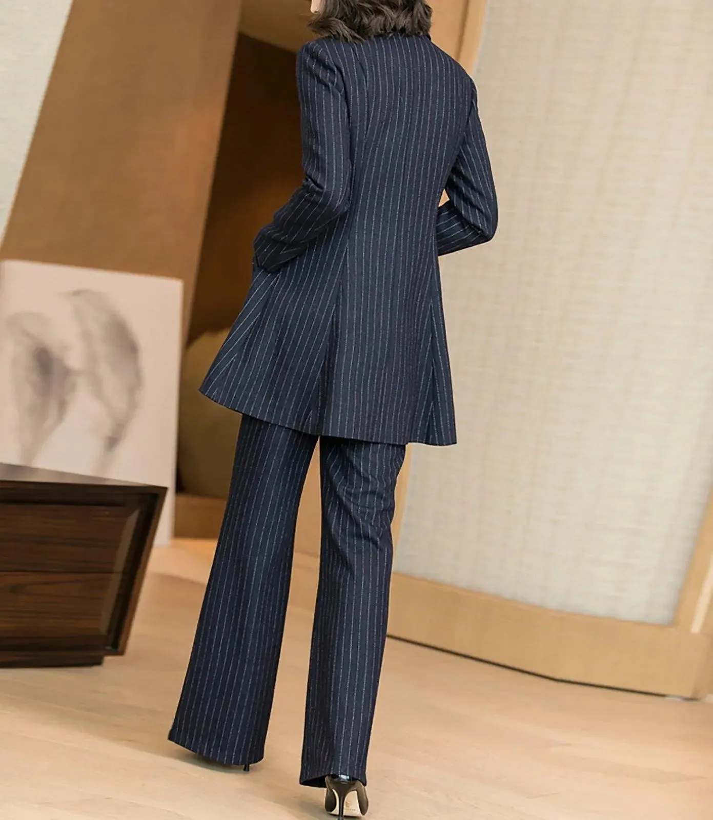 Navy Blue Wool Blend Long Blazer & Flare Pants Set