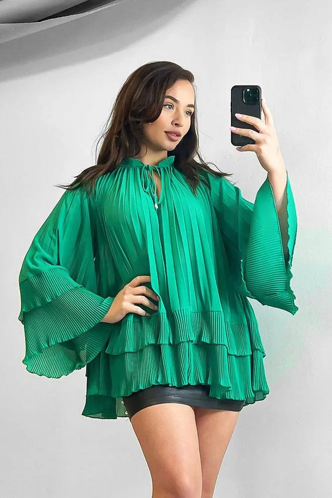 Neck Tie Pleated Chiffon Blouse