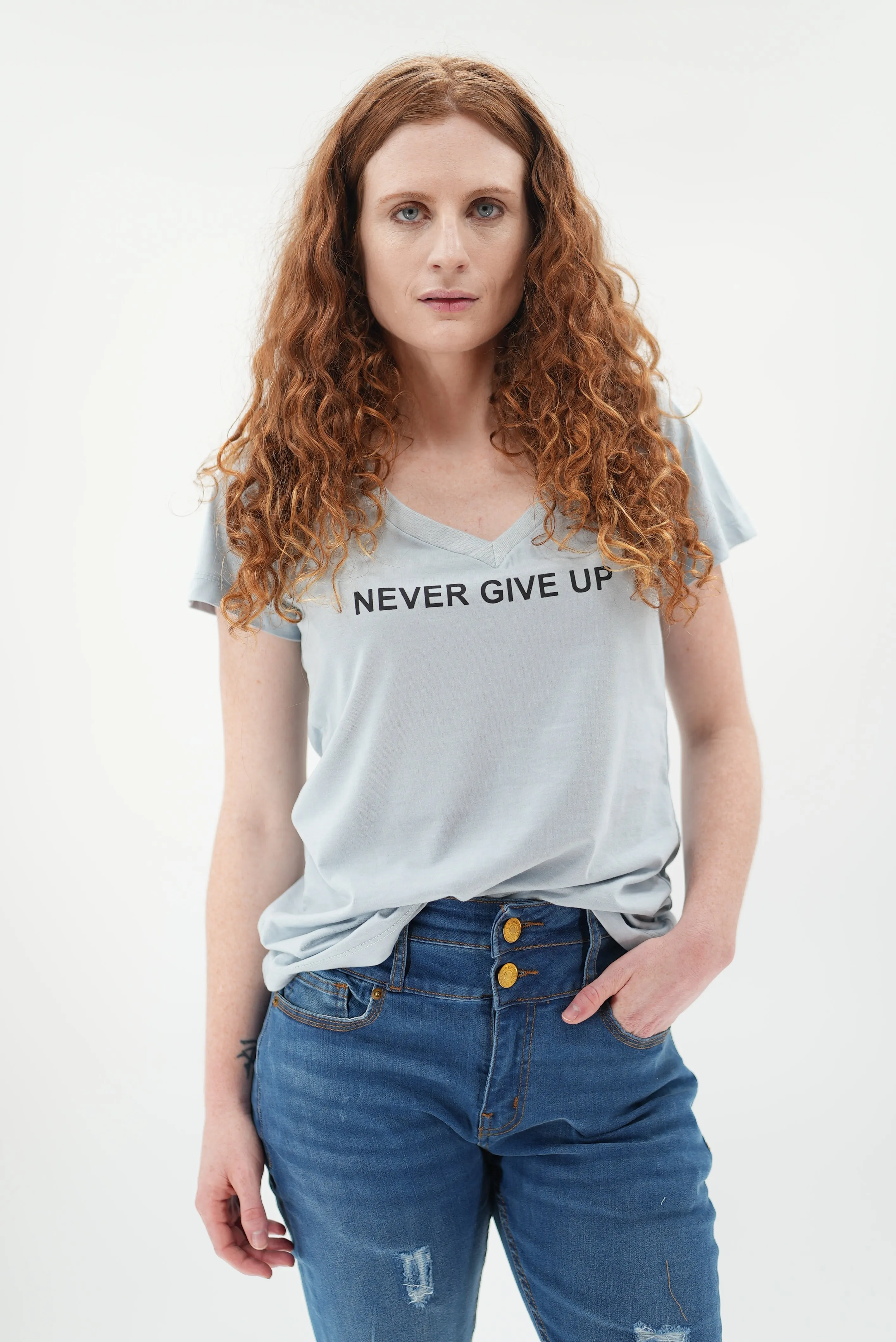 Never Give Up Tee Short Sleeves - V Neck Pleated T-Shirts