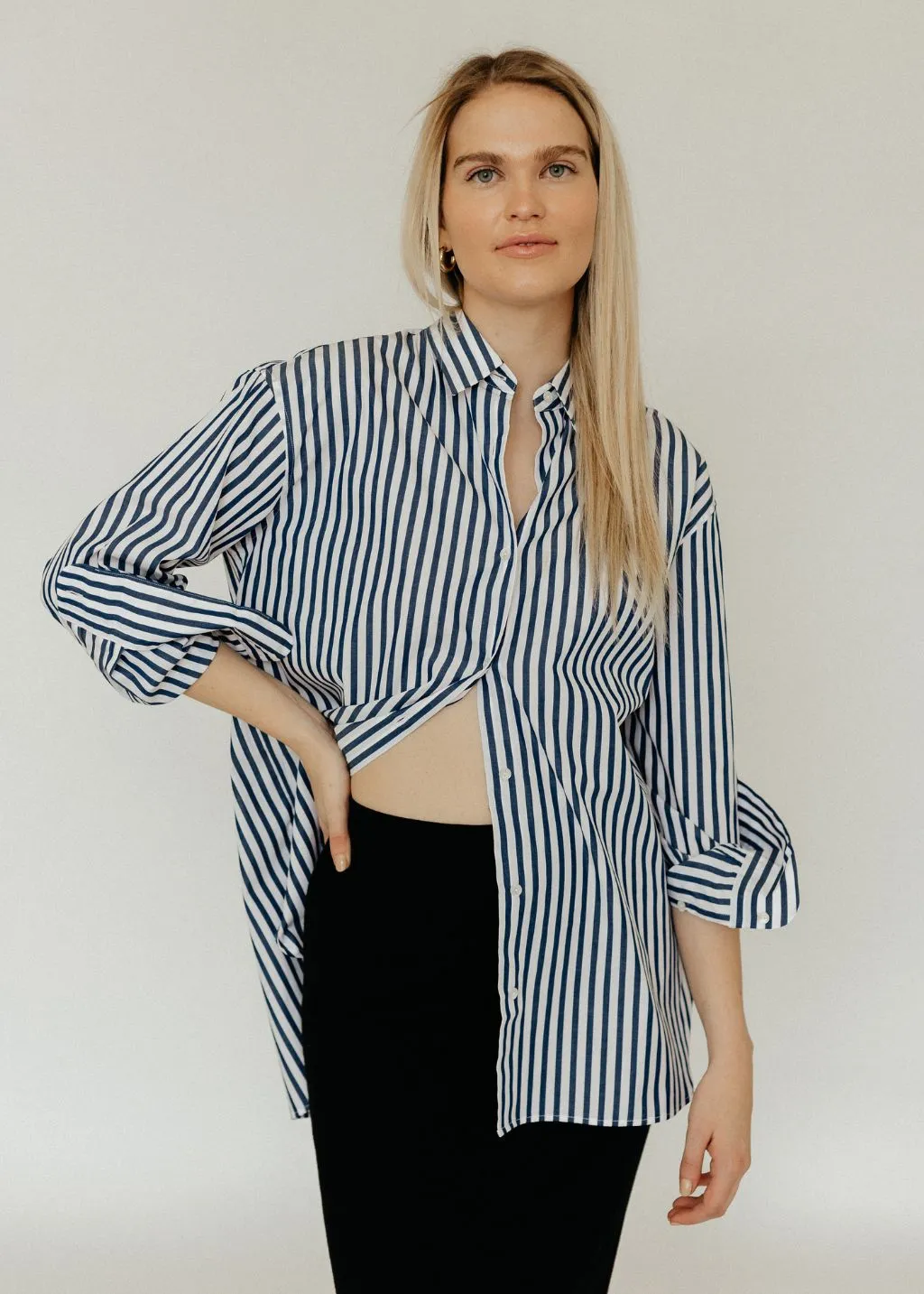 Nili Lotan Yorke Shirt in Large Navy/White Stripes