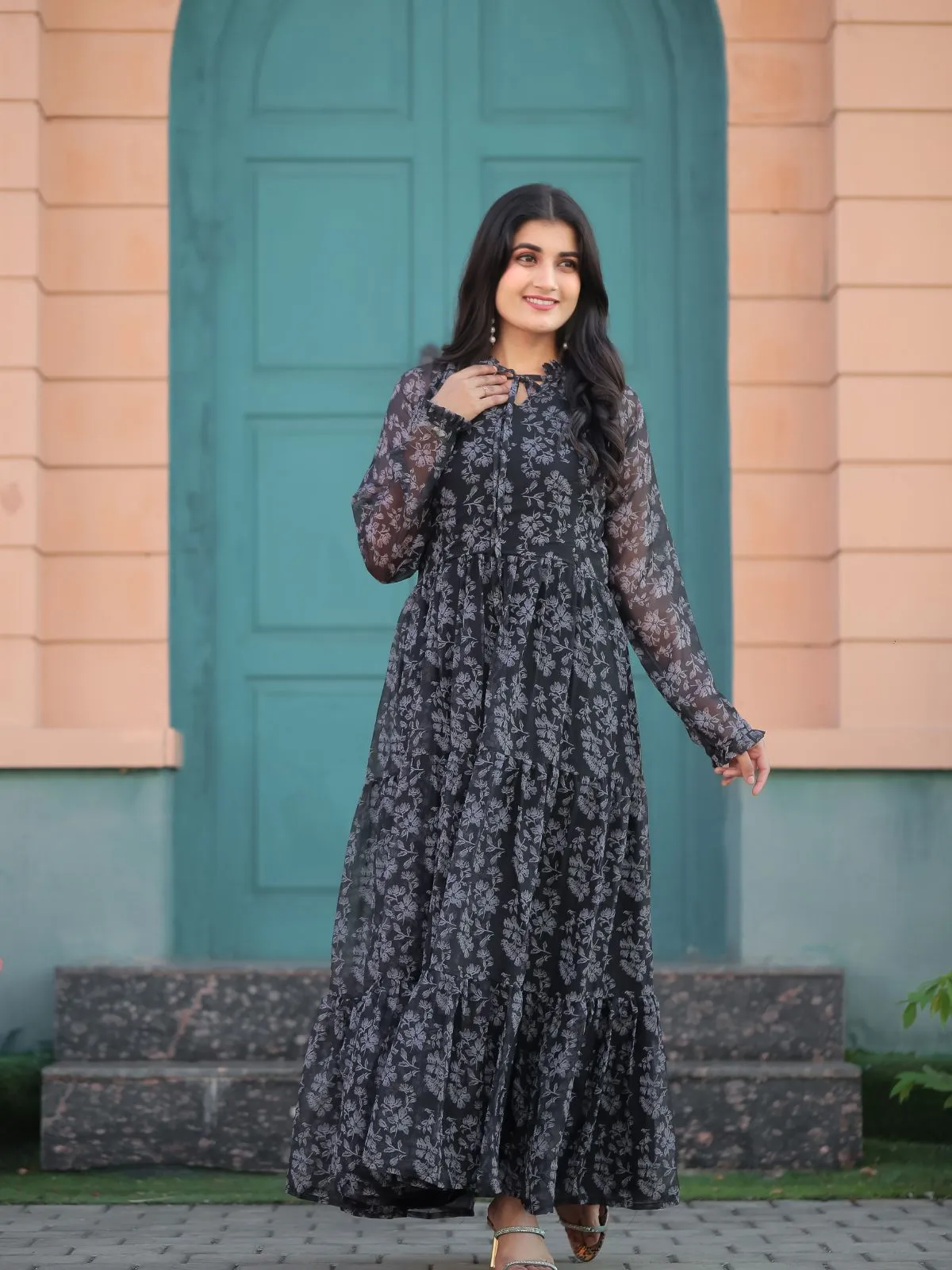 Odette Black Chiffon Stitched Printed Indo Western Dress For Women