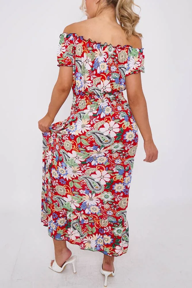 Paisley Floral Print Shirred Waist Tiered Hem Dress