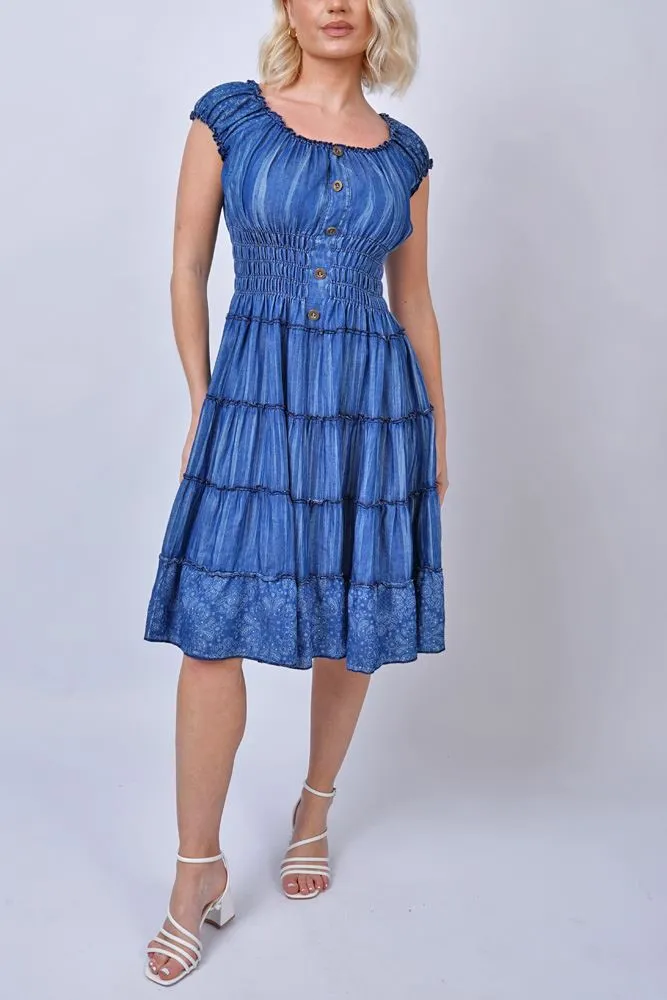 Paisley Print Shirred Waist Tiered Denim Cotton Dress