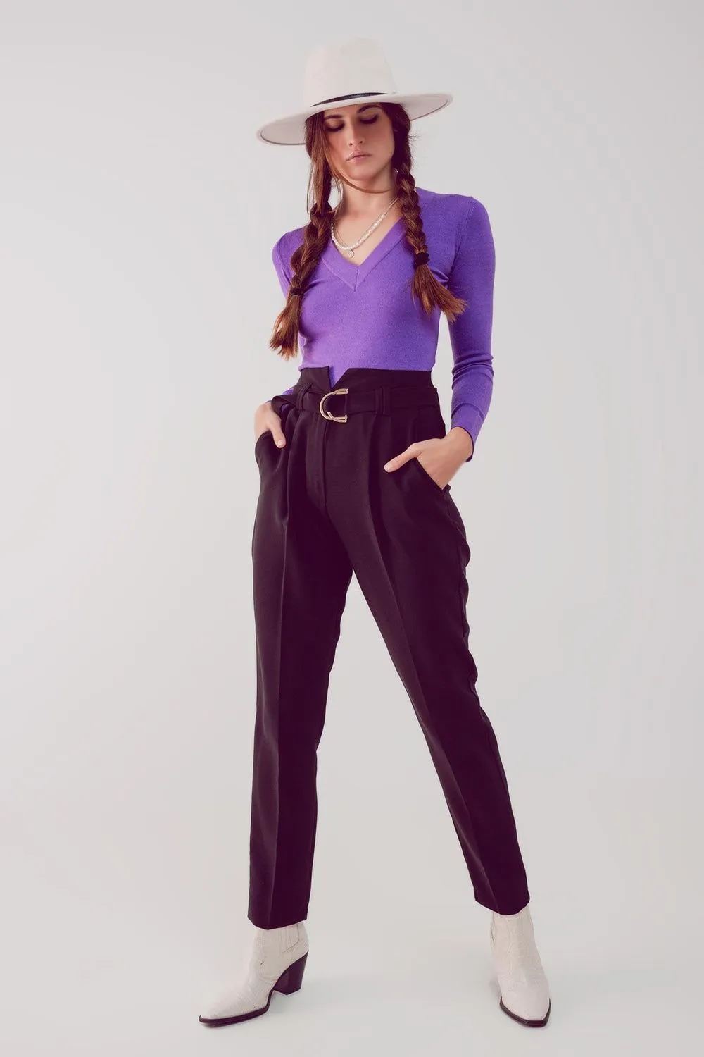 Paper Bag Belted Pants in Black