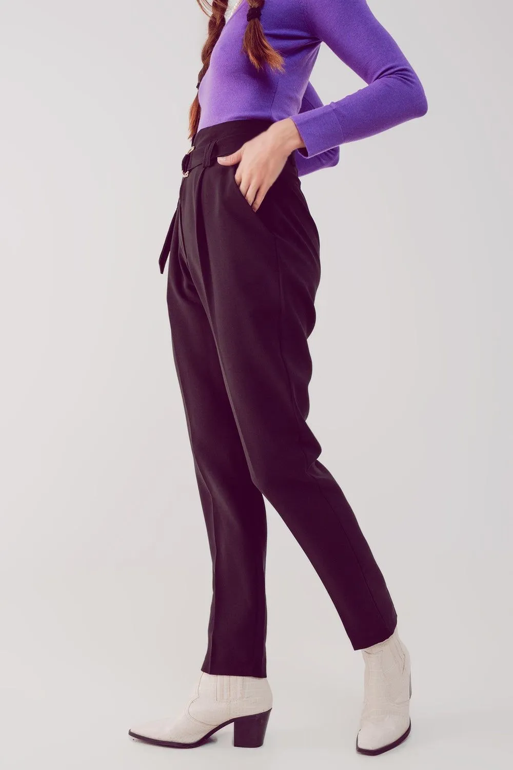 Paper Bag Belted Pants in Black