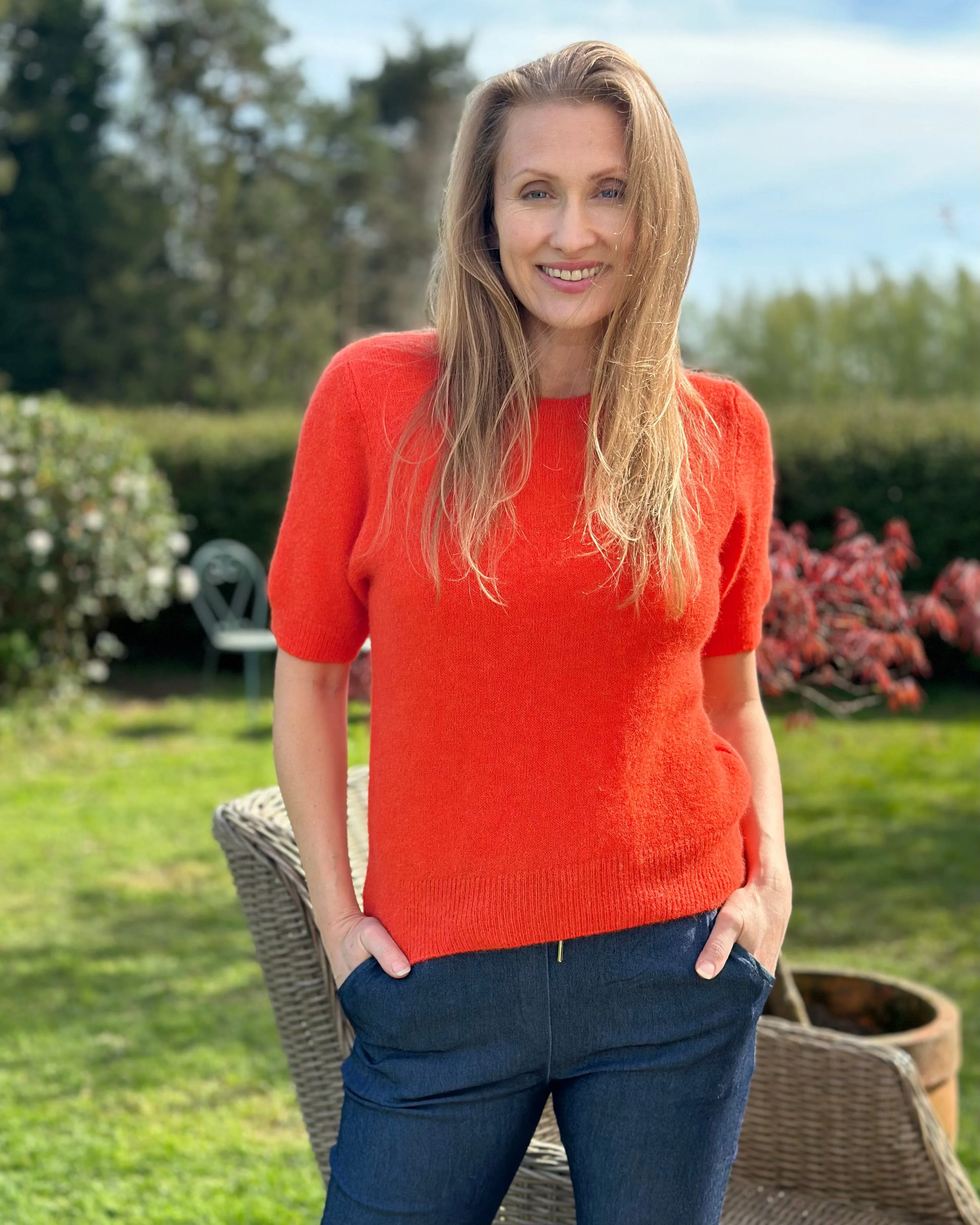 Round Neck Short Sleeve Jumper - Bright Orange