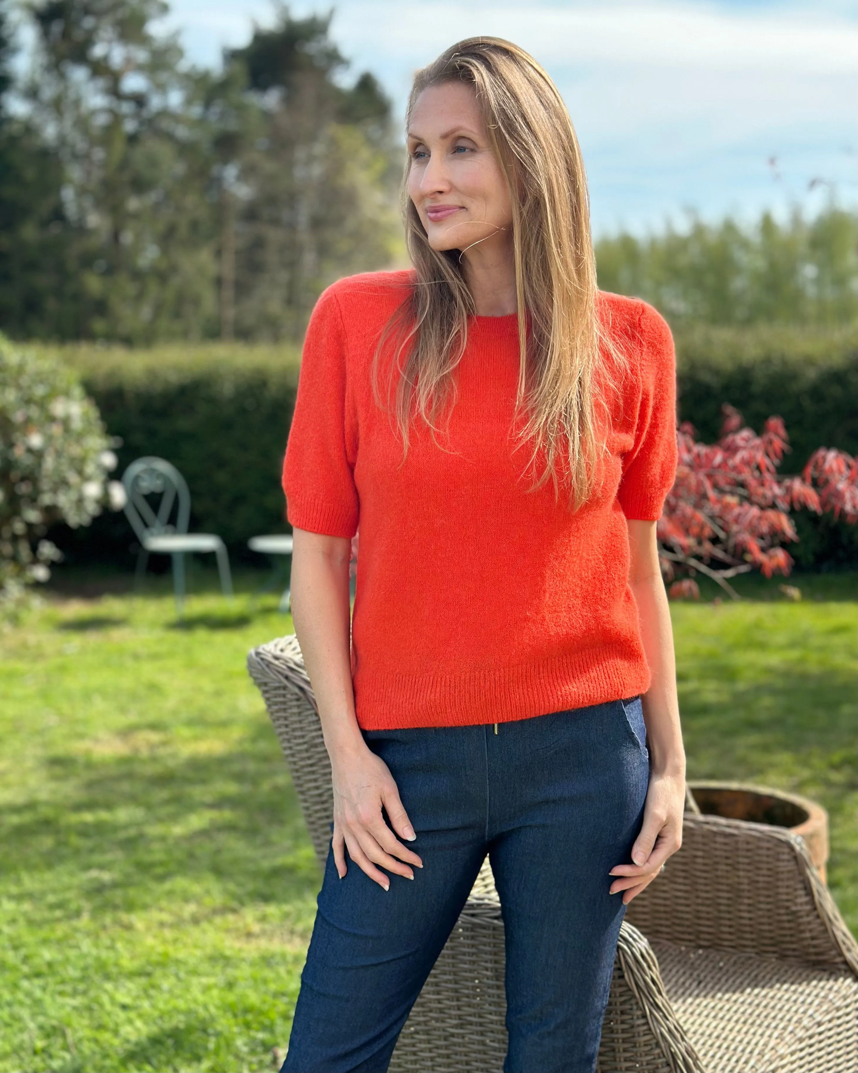 Round Neck Short Sleeve Jumper - Bright Orange