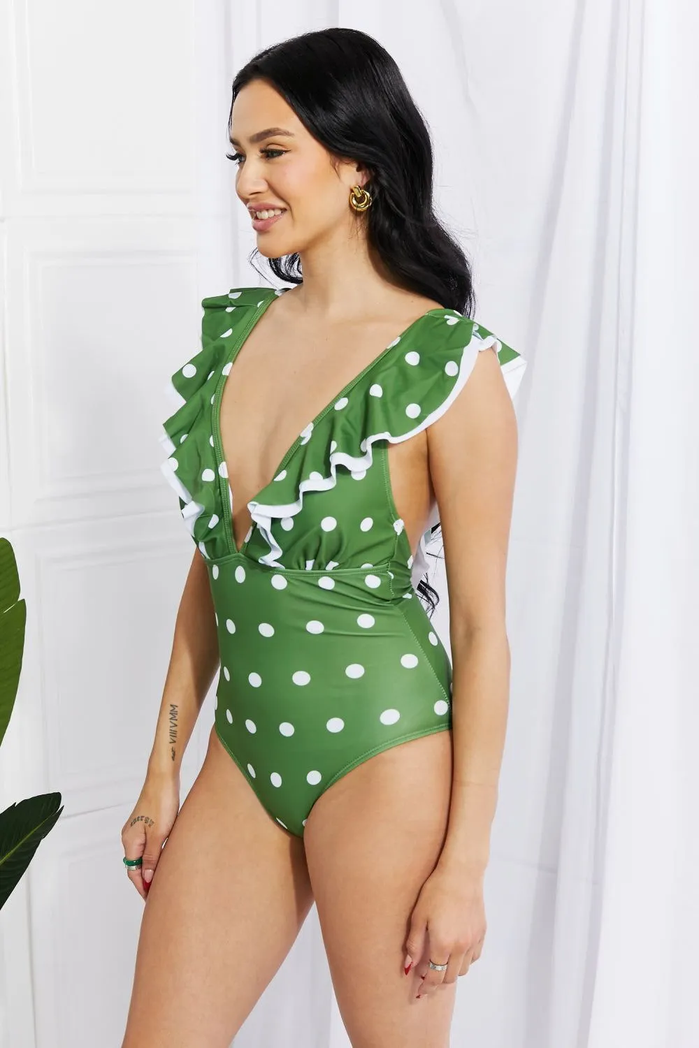 Ruffle Plunge Swimsuit in Mid Green