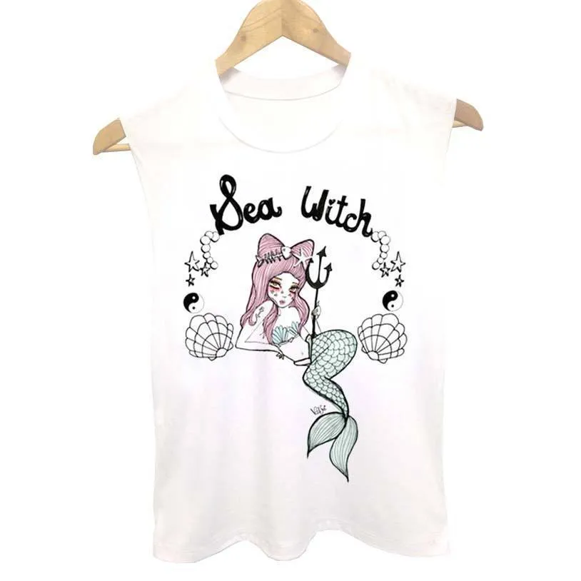 Sea Witch Gothic Mermaid Graphic Tee Vest in White | DOTOLY