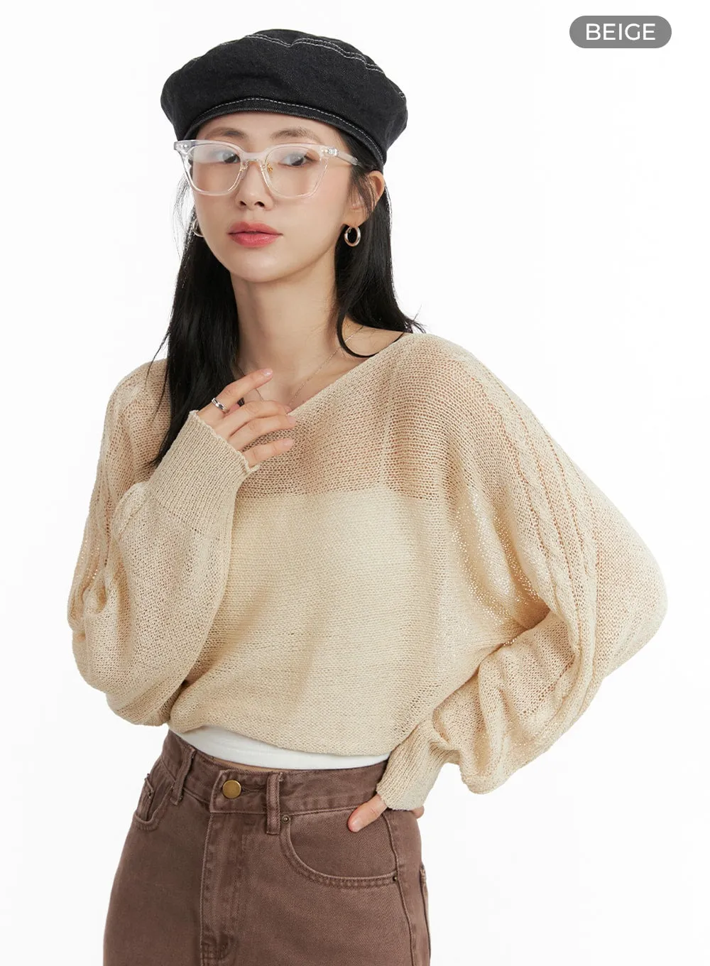 See-Through Knitted Long Sleeve Crop Top OM411