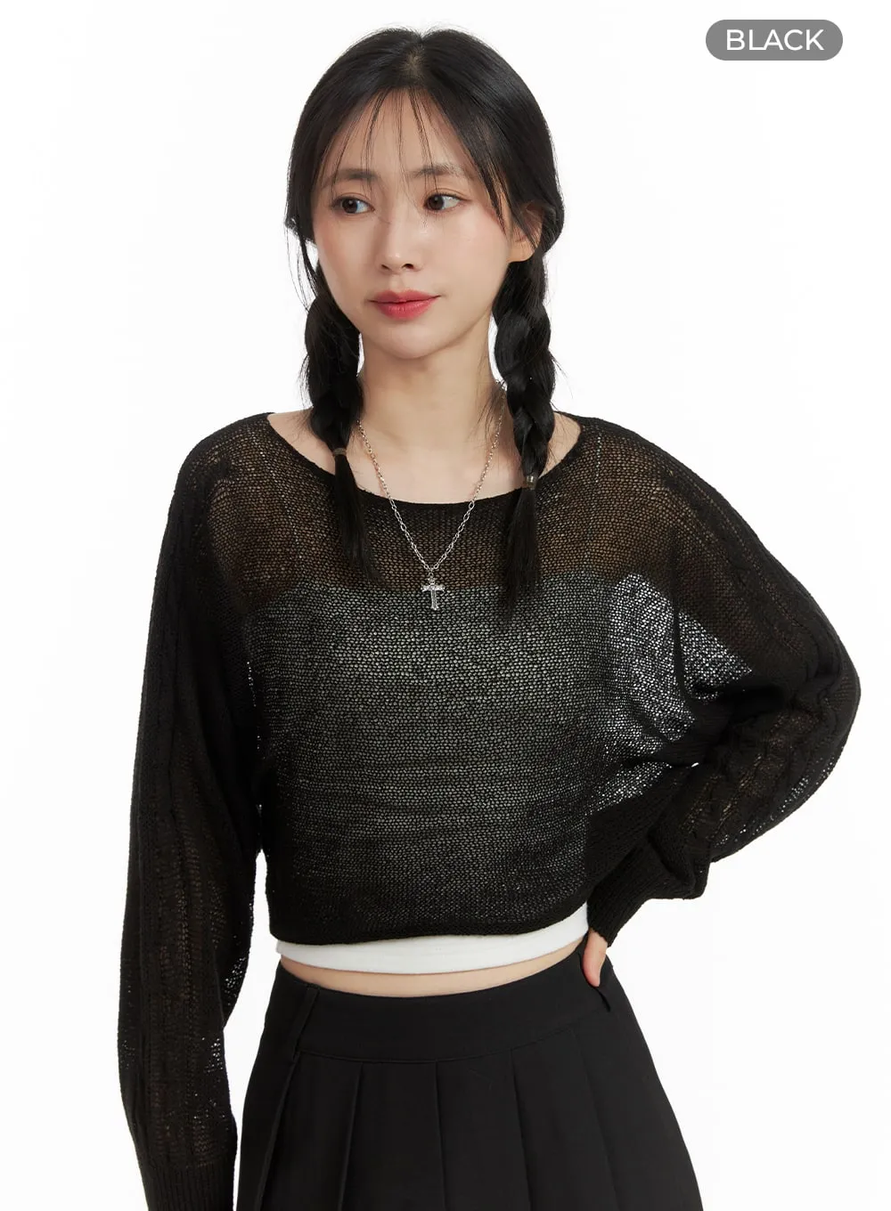 See-Through Knitted Long Sleeve Crop Top OM411