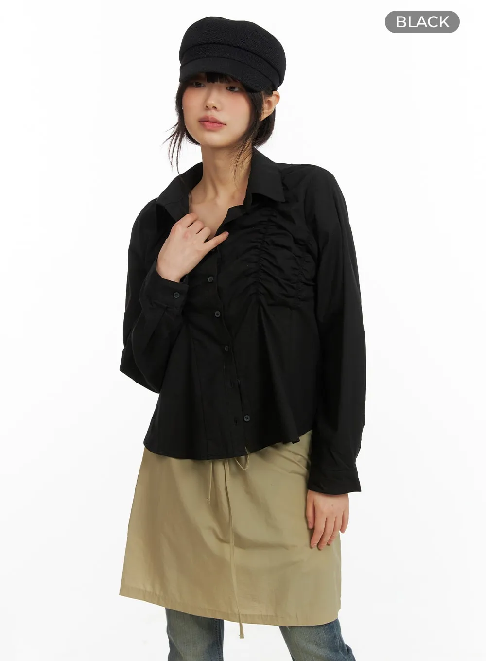 Solid Collar Button Up Shirred Blouse CM413