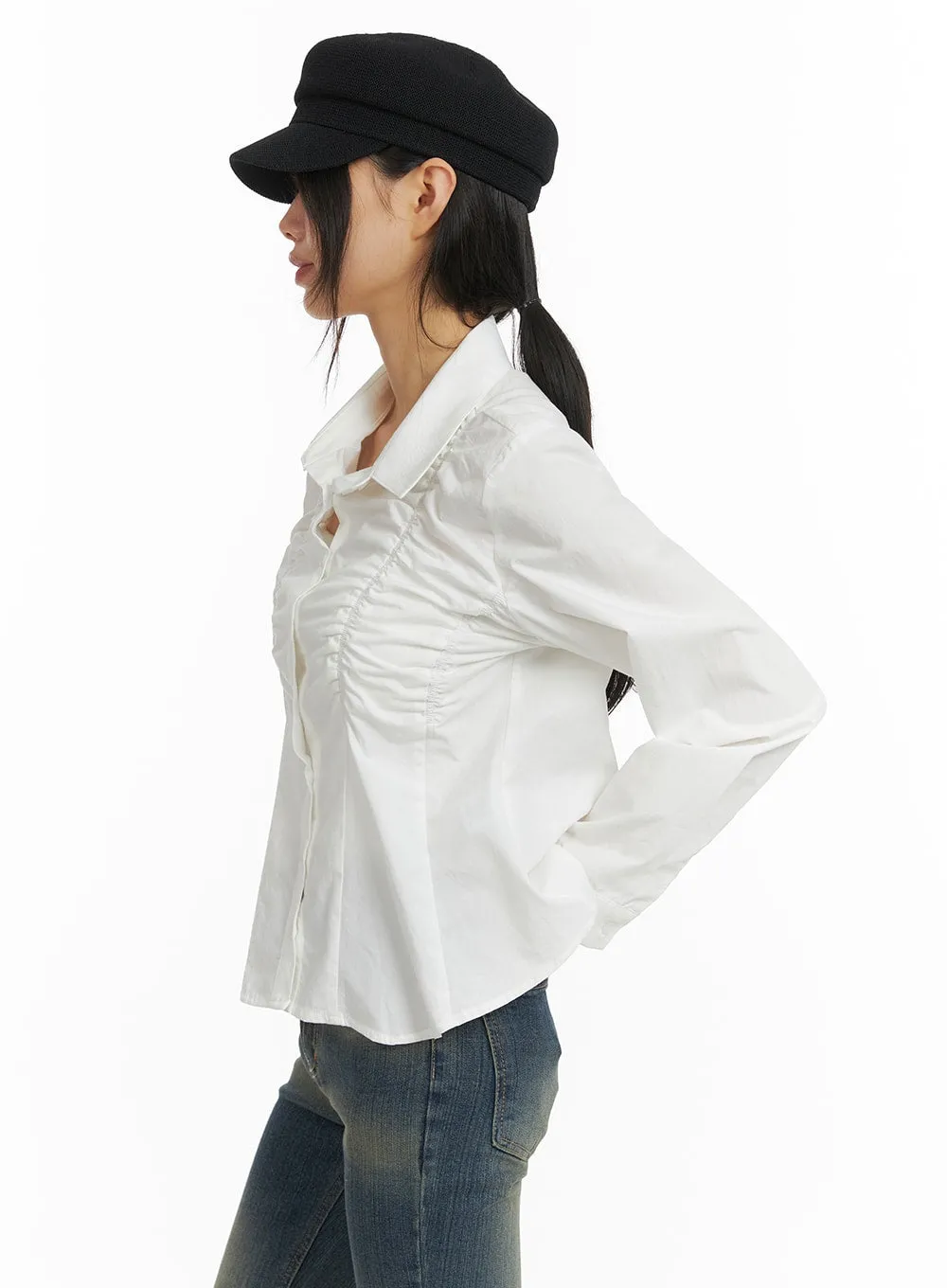 Solid Collar Button Up Shirred Blouse CM413