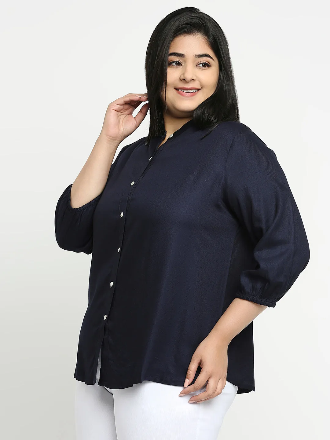 Style Quotient Plus Women Solid Navy Blue Viscose Rayon Formal Shirt