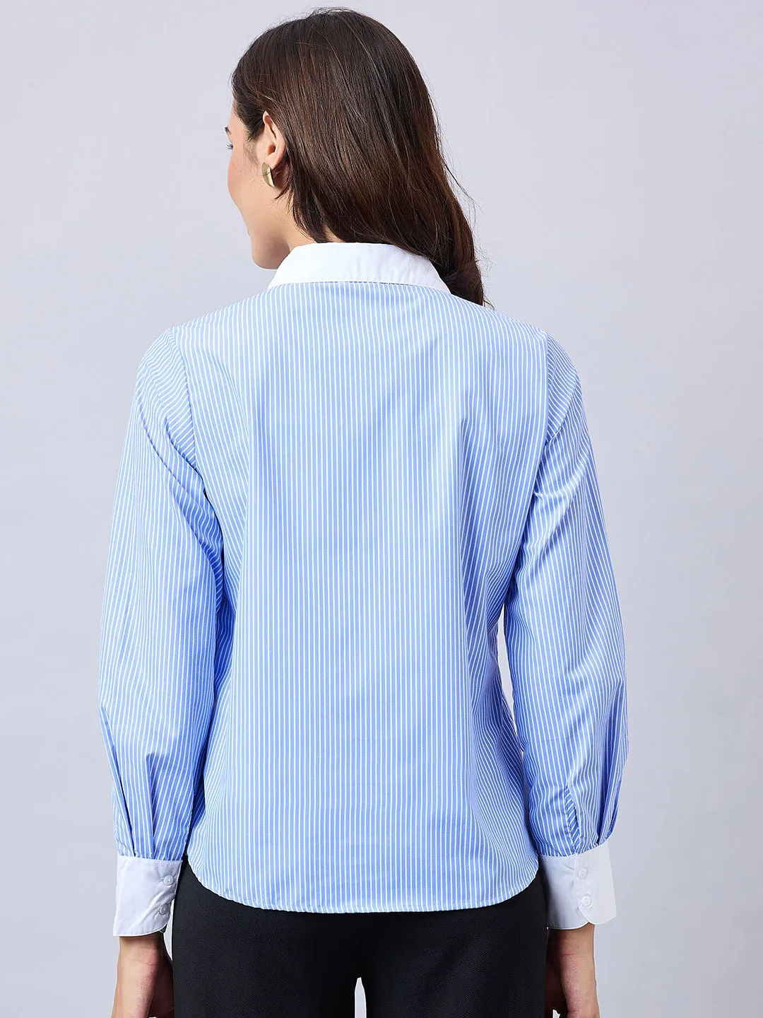 Style Quotient Women Blue And White Stripe Polycotton Regular Fit Colorblock Formal Shirt