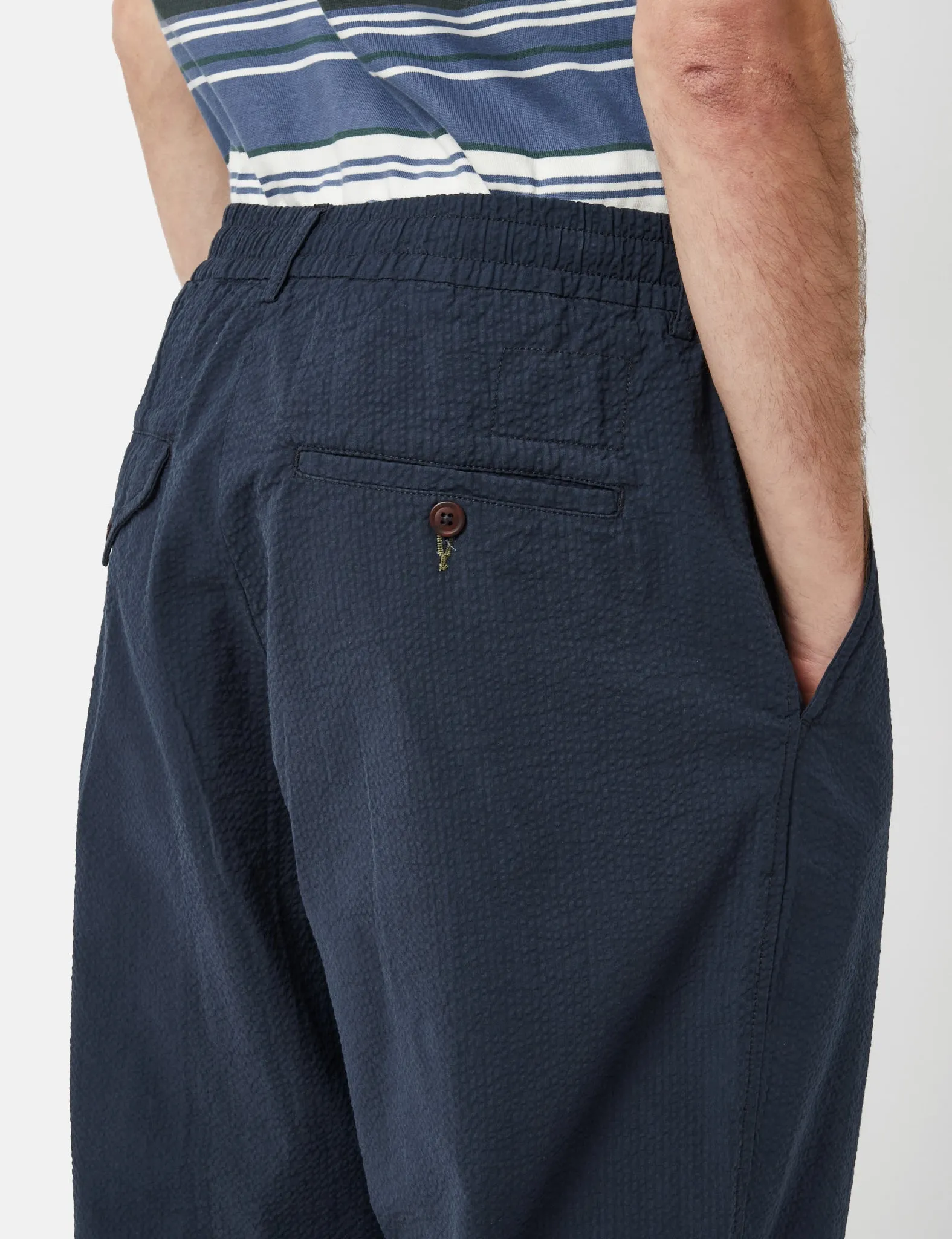 Universal Works Pleated Seersucker Track Pant (Relaxed) - Navy Blue