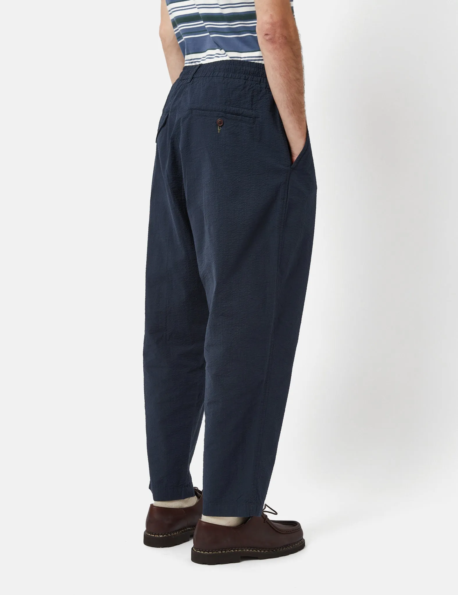 Universal Works Pleated Seersucker Track Pant (Relaxed) - Navy Blue