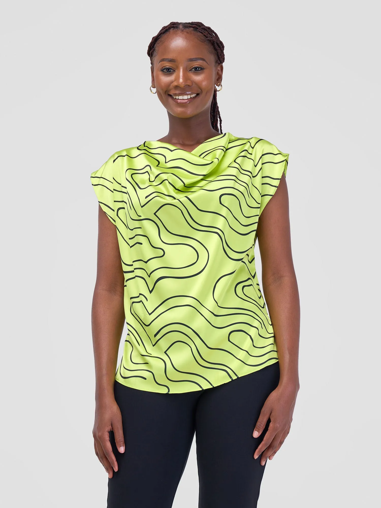 Vivo Fahari Drop Shoulder Cowl Top - Lime / Black Print