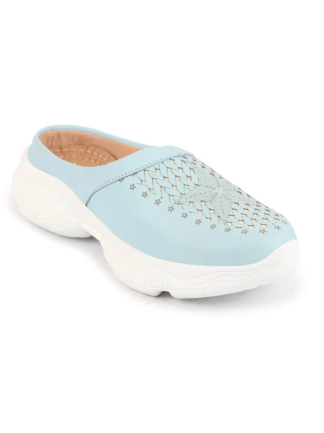 Women Sky Blue Laser Cut Design Stitched Back Open Slip-On Mules Shoes