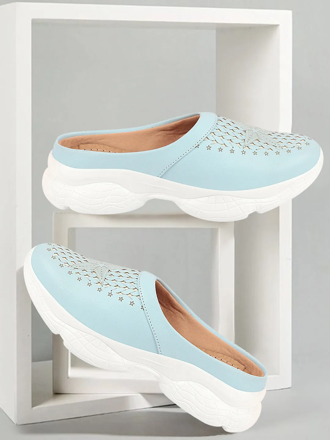 Women Sky Blue Laser Cut Design Stitched Back Open Slip-On Mules Shoes