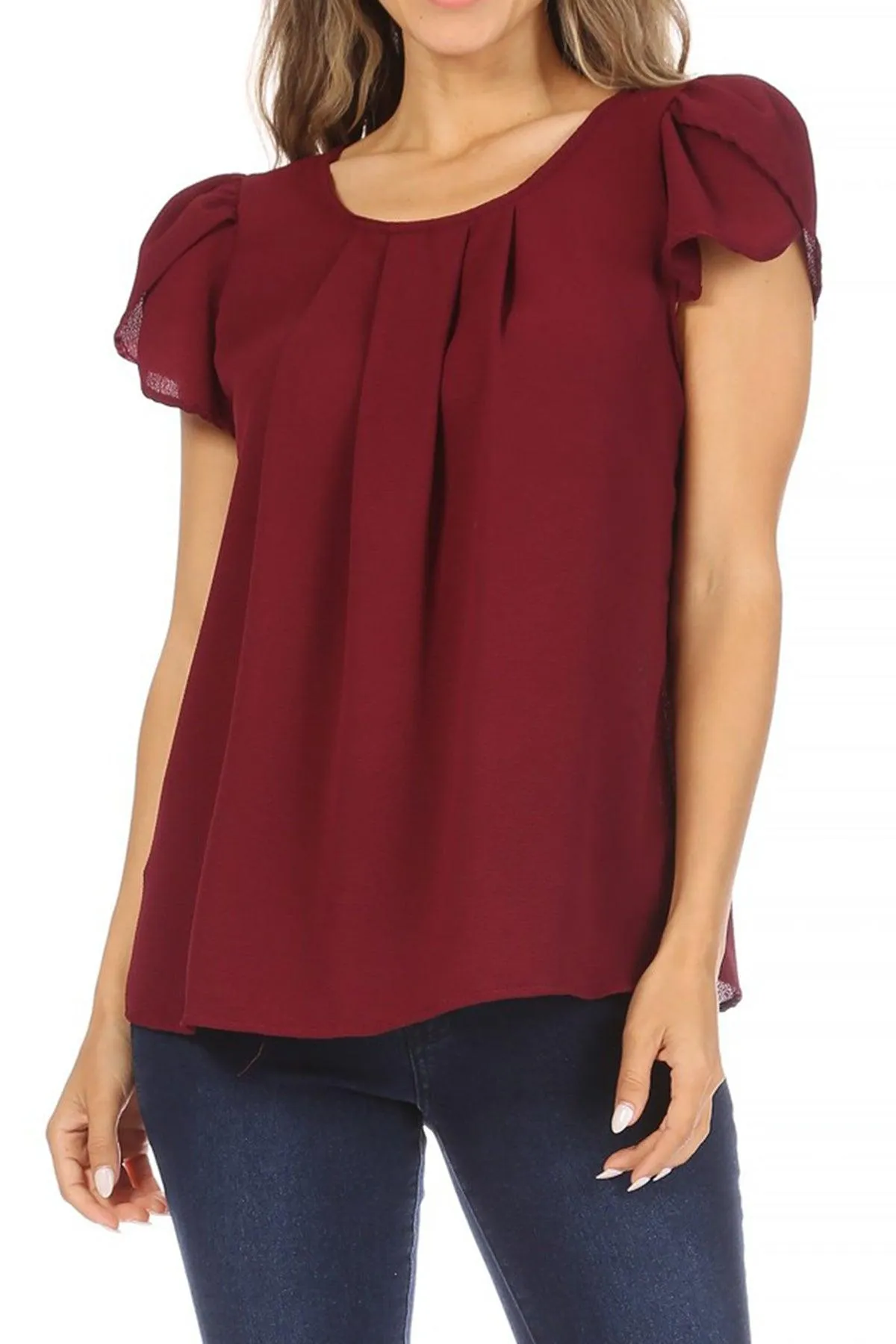 Women's Casual Solid Pleated Front Petal Cap Sleeve Round Neck Blouse