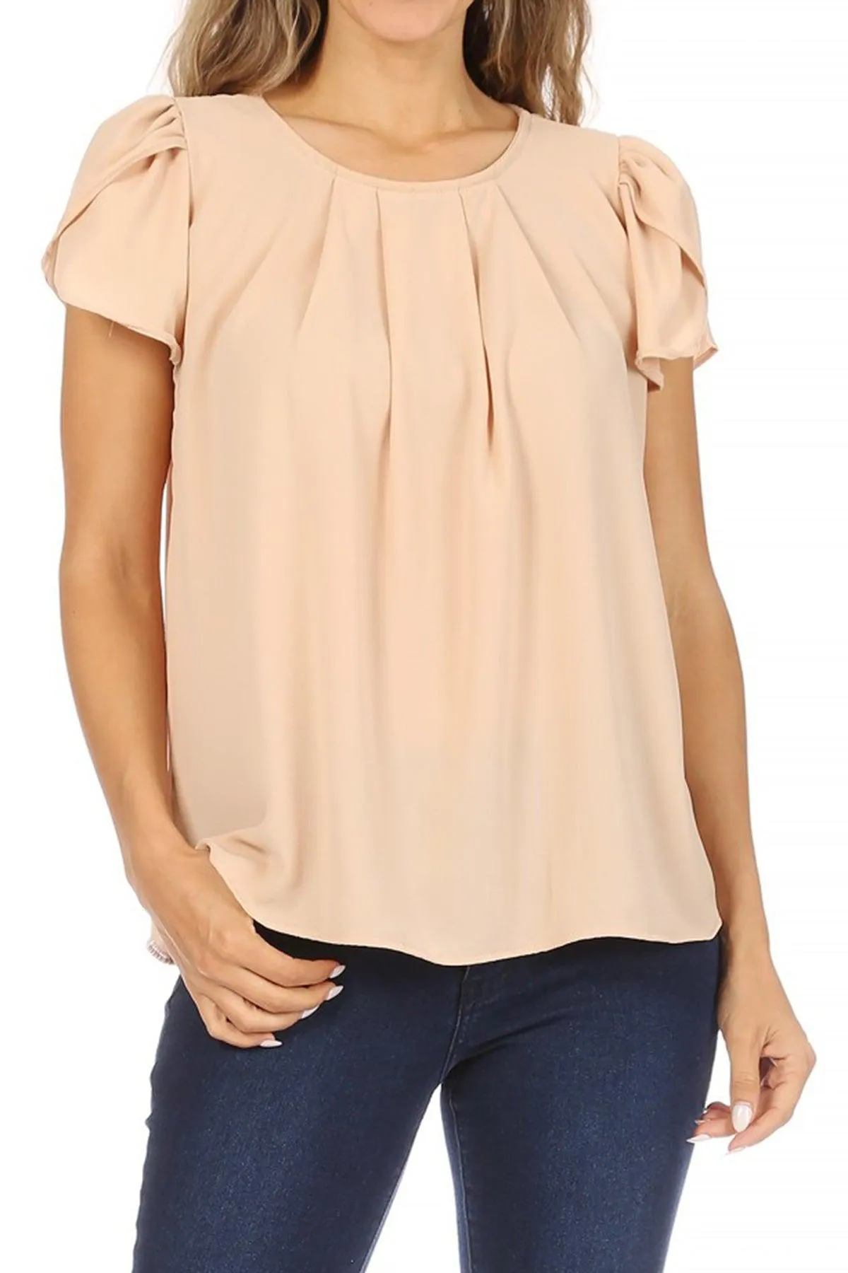 Women's Casual Solid Pleated Front Petal Cap Sleeve Round Neck Blouse