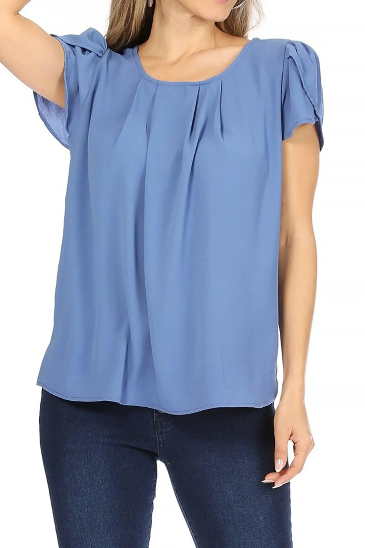 Women's Casual Solid Pleated Front Petal Cap Sleeve Round Neck Blouse