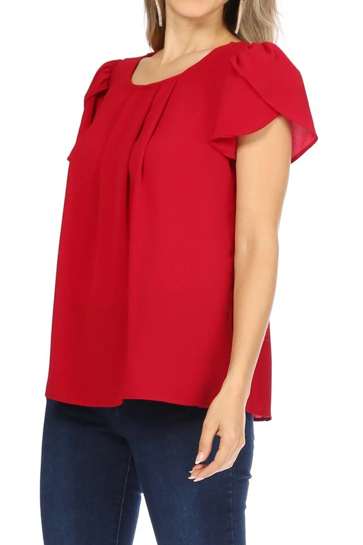 Women's Casual Solid Pleated Front Petal Cap Sleeve Round Neck Blouse