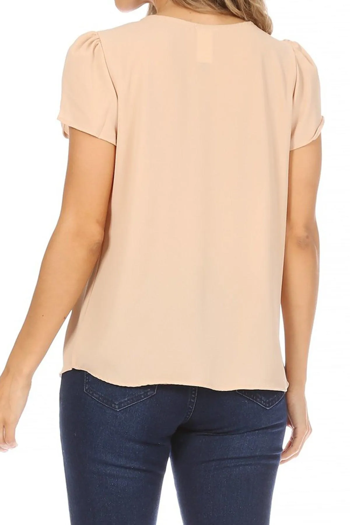 Women's Casual Solid Pleated Front Petal Cap Sleeve Round Neck Blouse