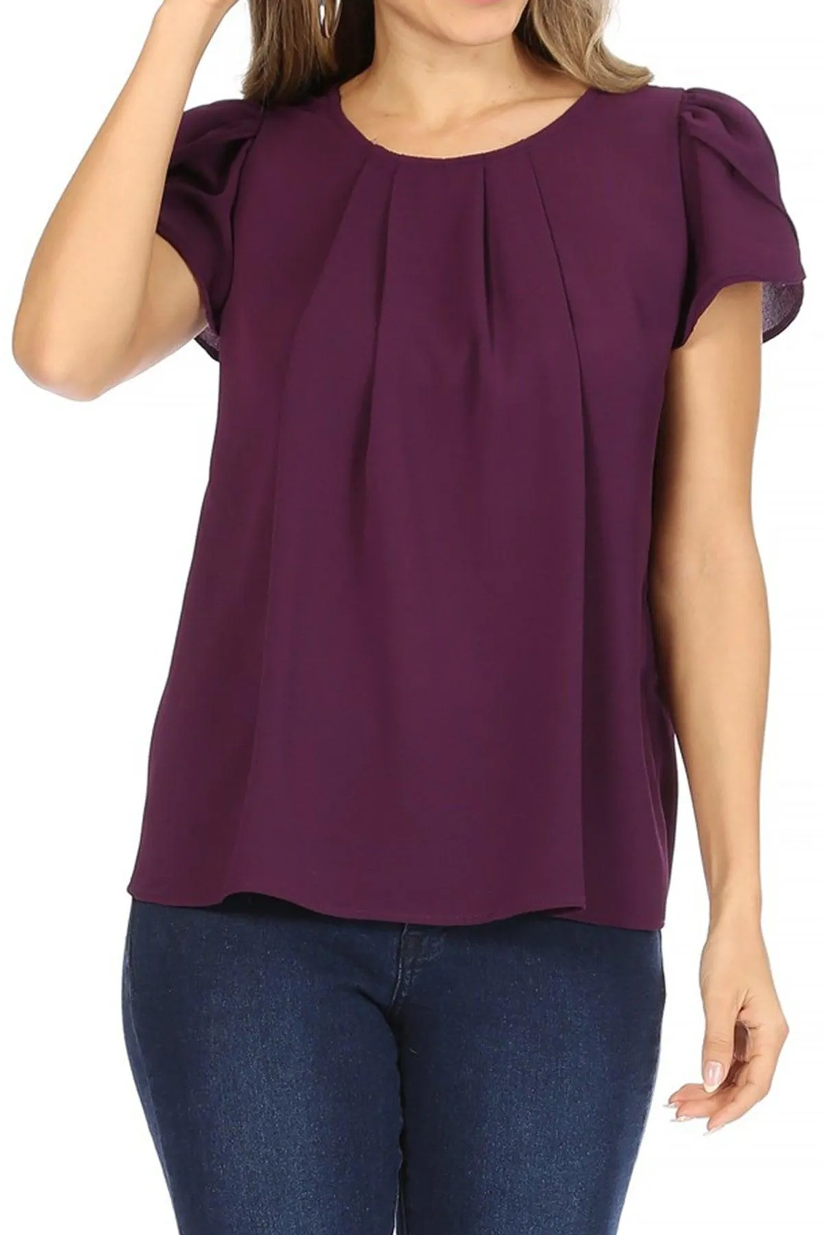 Women's Casual Solid Pleated Front Petal Cap Sleeve Round Neck Blouse