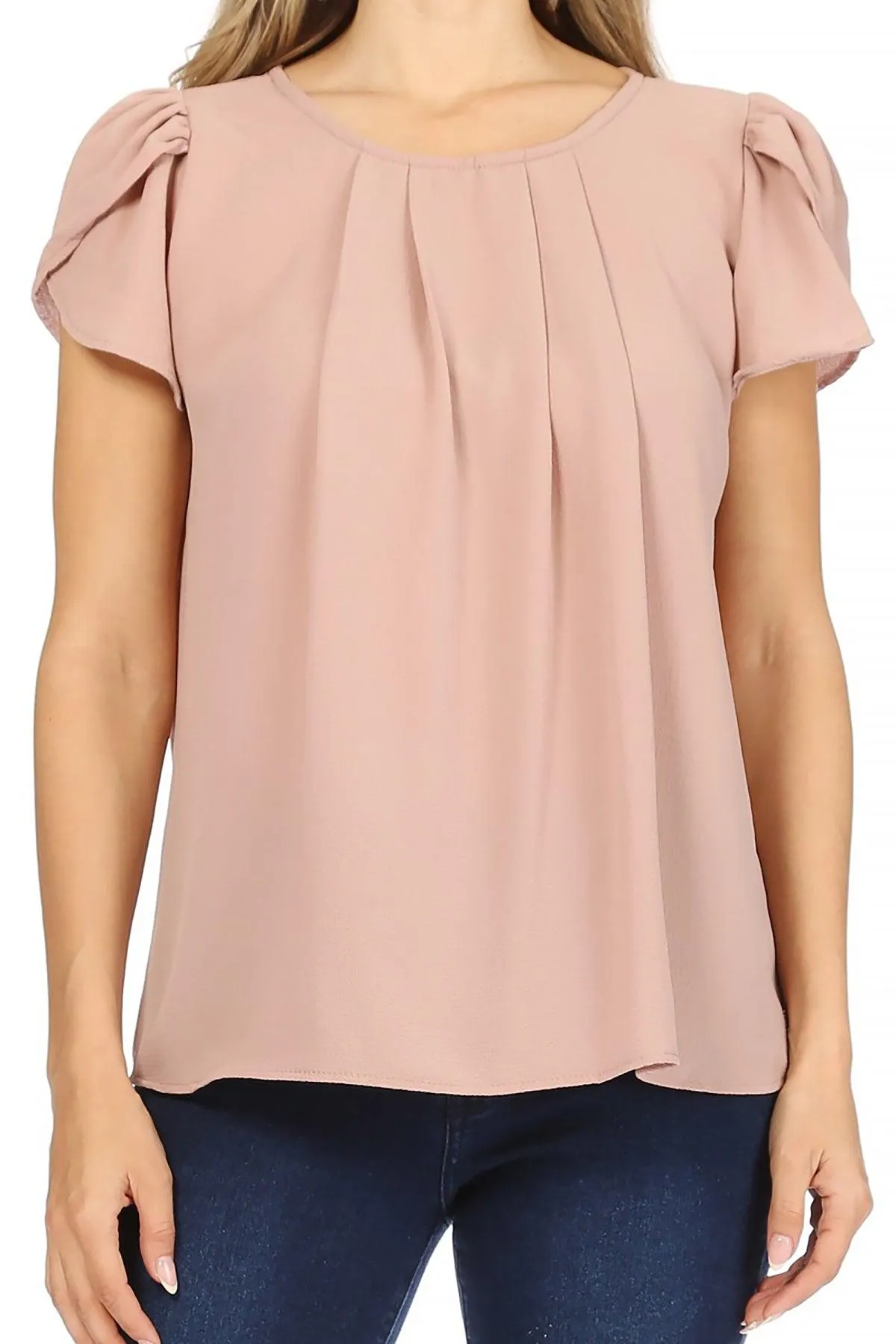 Women's Casual Solid Pleated Front Petal Cap Sleeve Round Neck Blouse