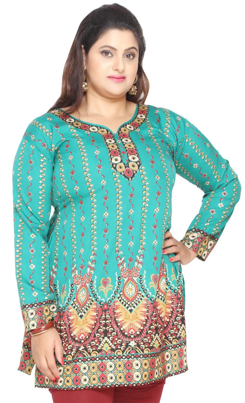 Womens Indian Plus SizeTunics Kurti Top Printed Apparel (Green)