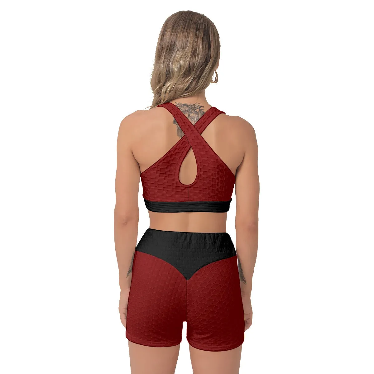 Yahuah-Tree of Life 02-01 Red Designer Sports Bra Shorts Set