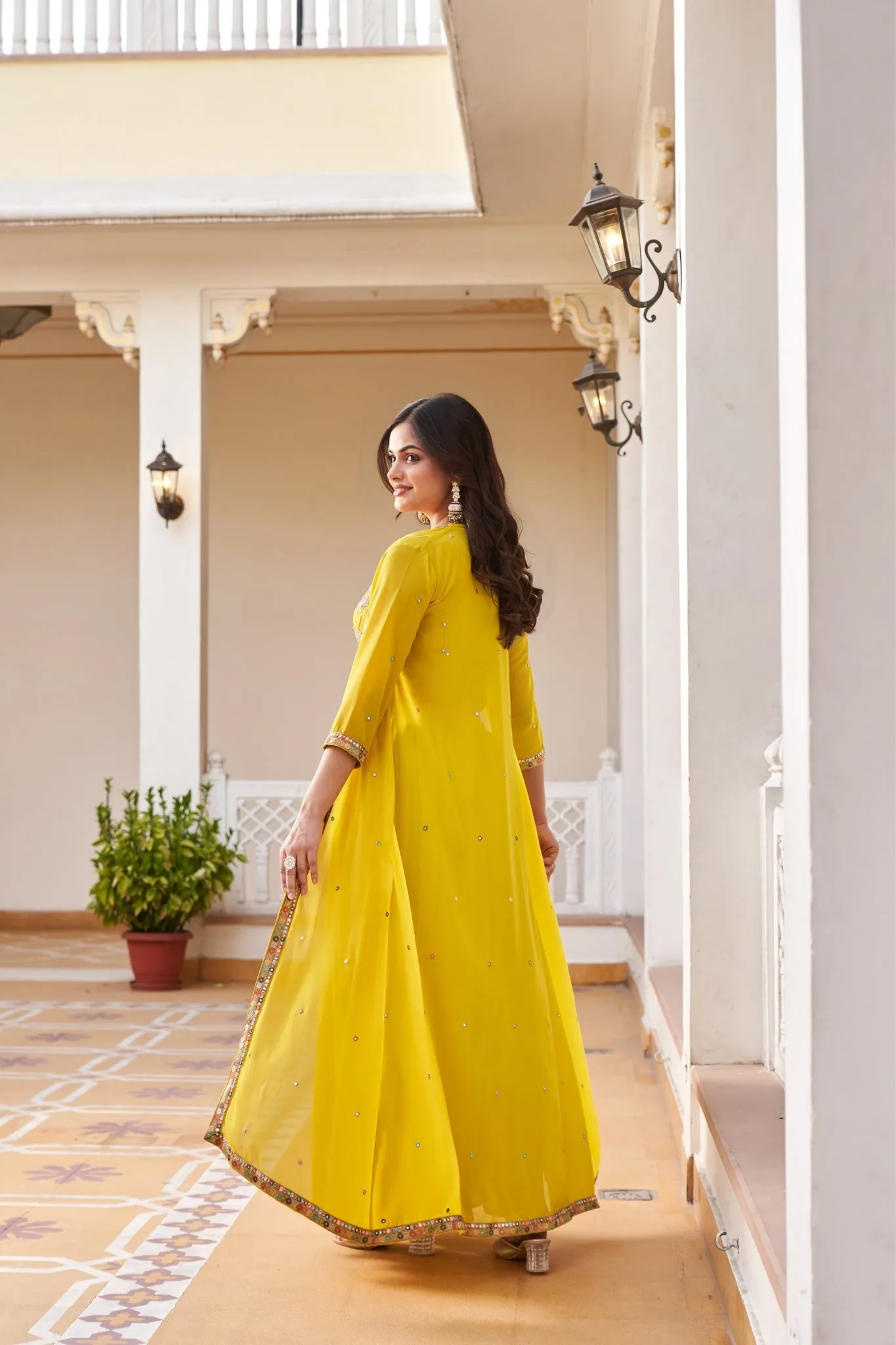 Yellow Embroidered Georgette Crop Top And Palazzo Set