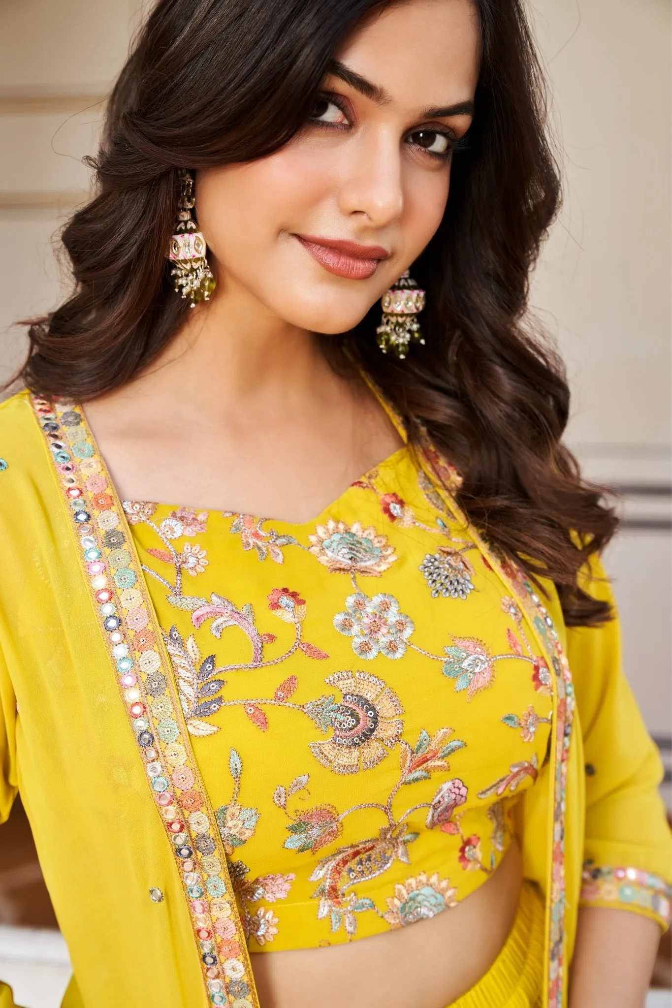 Yellow Embroidered Georgette Crop Top And Palazzo Set