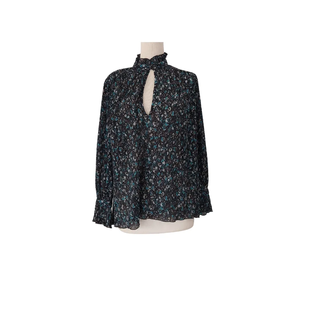 ZARA Blue and Black Floral Printed High neck Blouse | Gently Used |