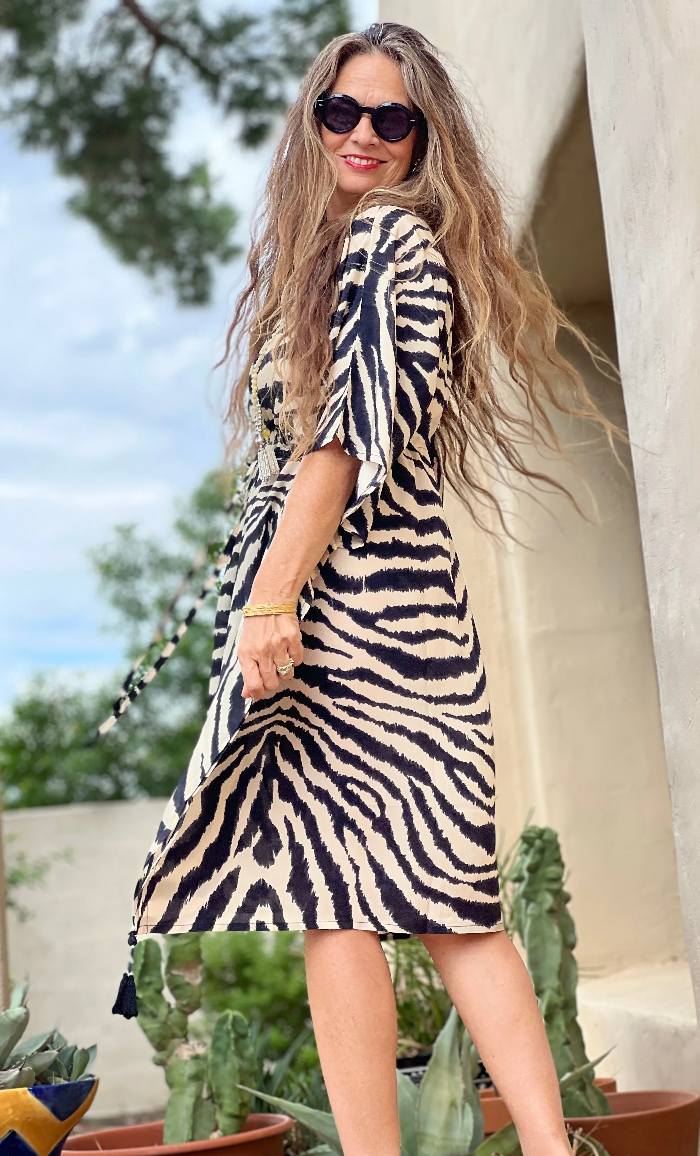 Zebra Carbone Italian Silk Midi Kaftan Dress